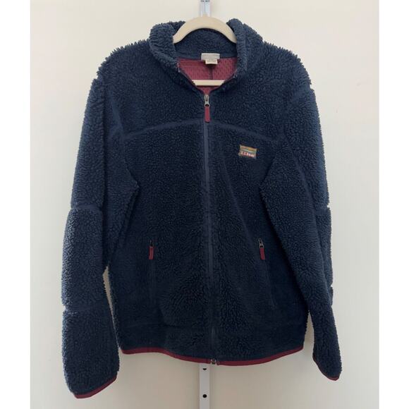 LL Bean Sherpa Fleece Mountain Jacket Full Zip Deep Pile Retro Navy Blue Men's L - Picture 1 of 7